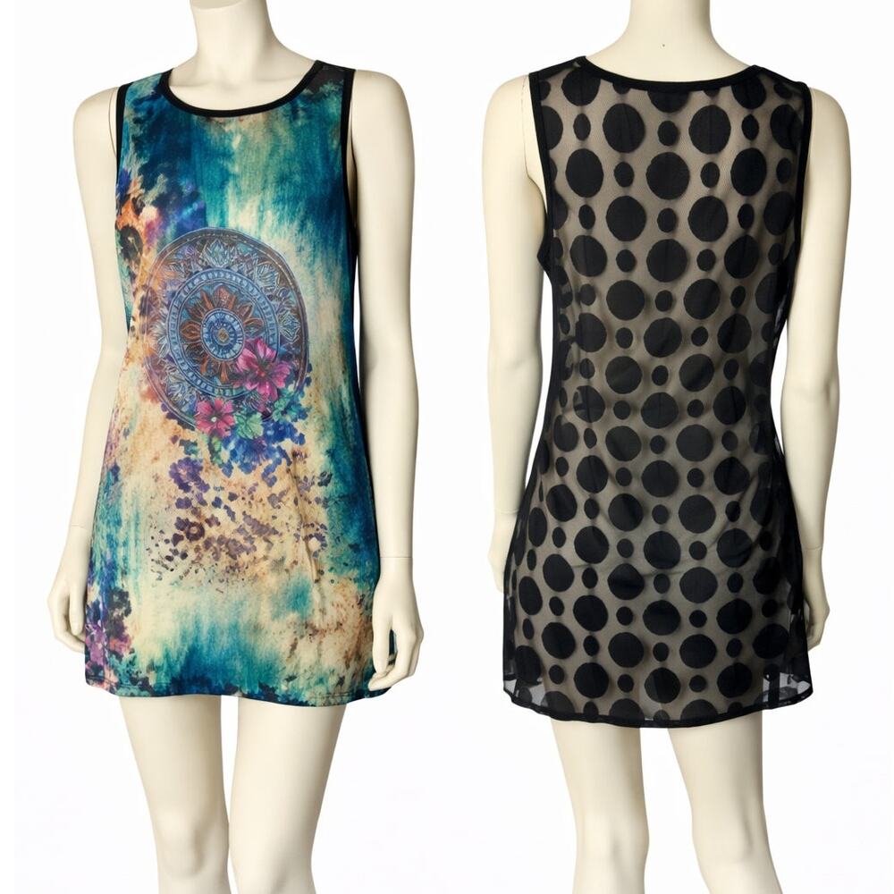 Bacci Colorful Print Mini Dress Sleeveless Sheer Mesh Back Boho Medium